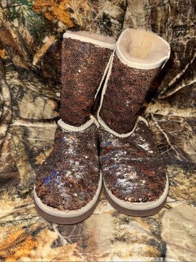 UGG Sequin Tall Boots in Copper Brown with Cream Trim